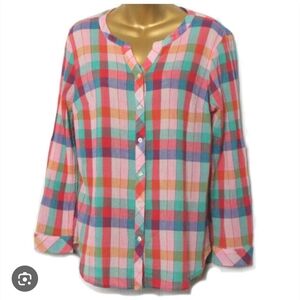 Talbots  Women Pink Red Green Plaid Gauze Cotton. Sz L EUC